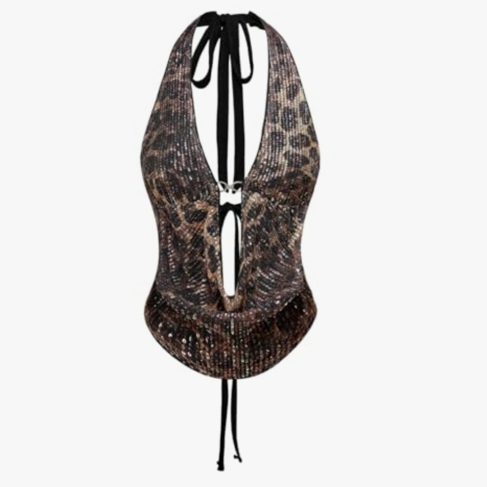 🔥🔥Sexy Animal Print Sequin Halter Top, Open Adjustable Tie Back, Size L, New!